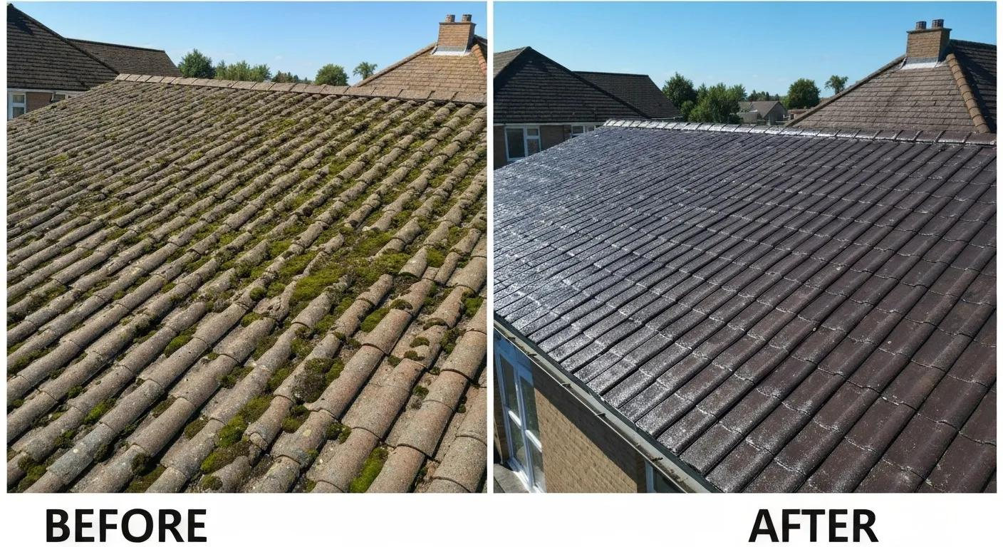 Before-and-after comparison of a roof showing the benefits of high pressure cleaning