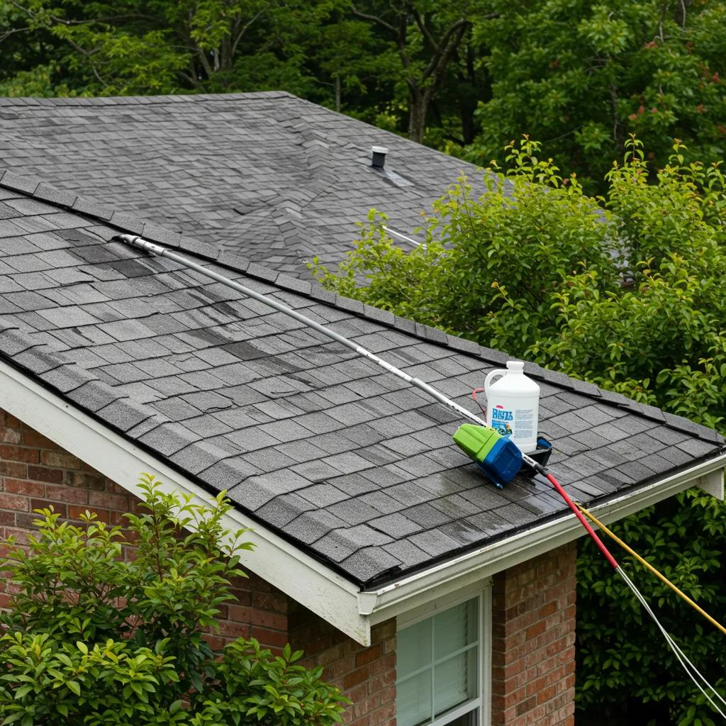 Eco-friendly soft washing for roof cleaning, showcasing a clean roof surrounded by healthy plants and trees