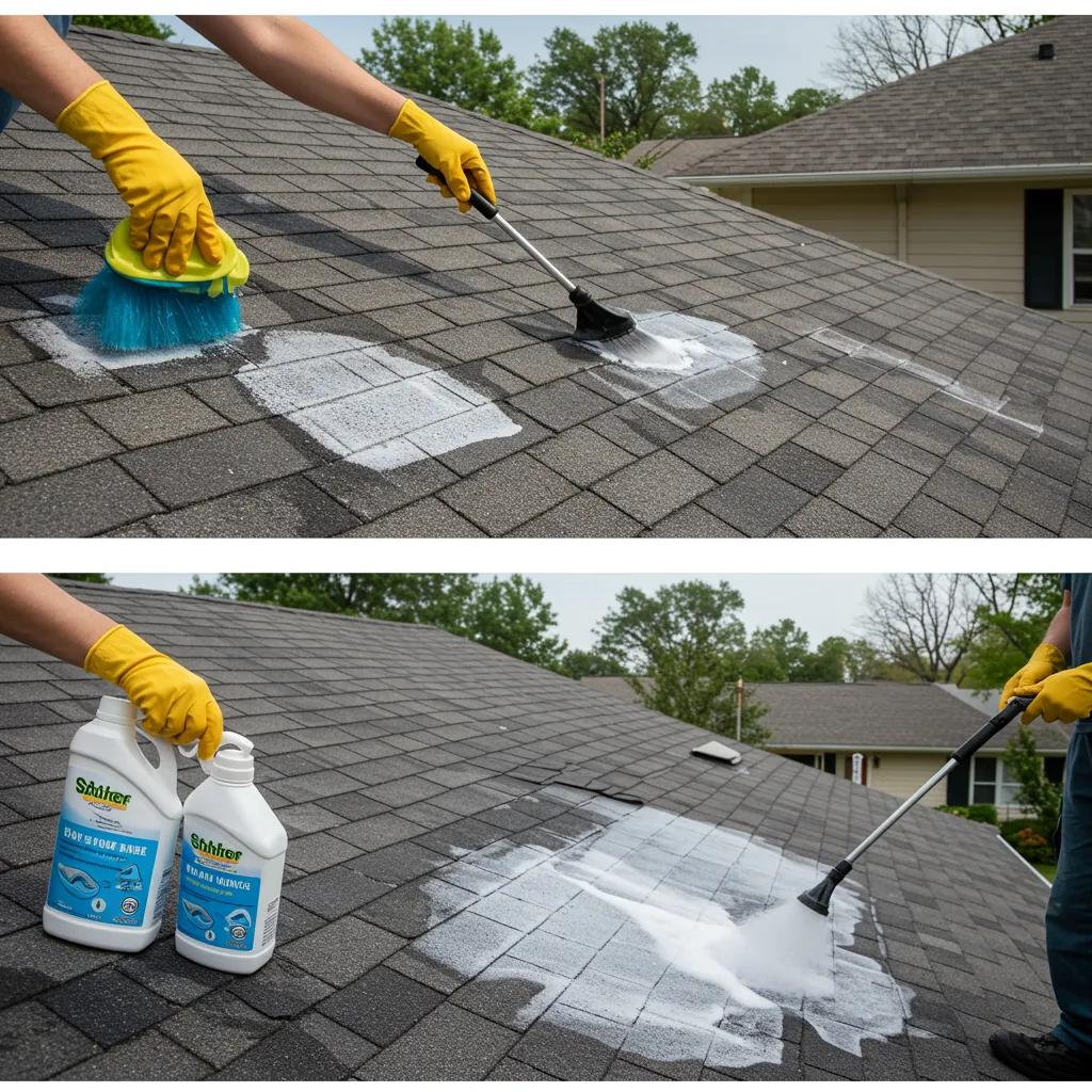 Three-step soft washing process for roof cleaning, illustrating application, dwell time, and rinsing