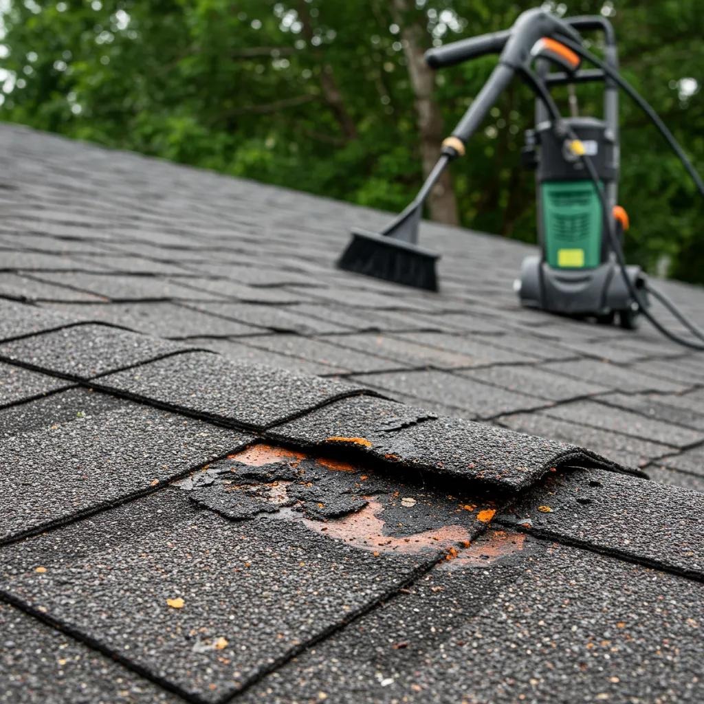 Damaged roof shingles showing granule loss from pressure washing