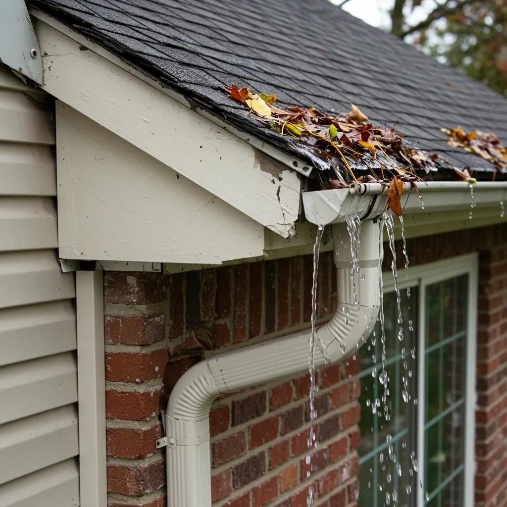 Clogged gutters overflowing with debris, highlighting the importance of maintenance