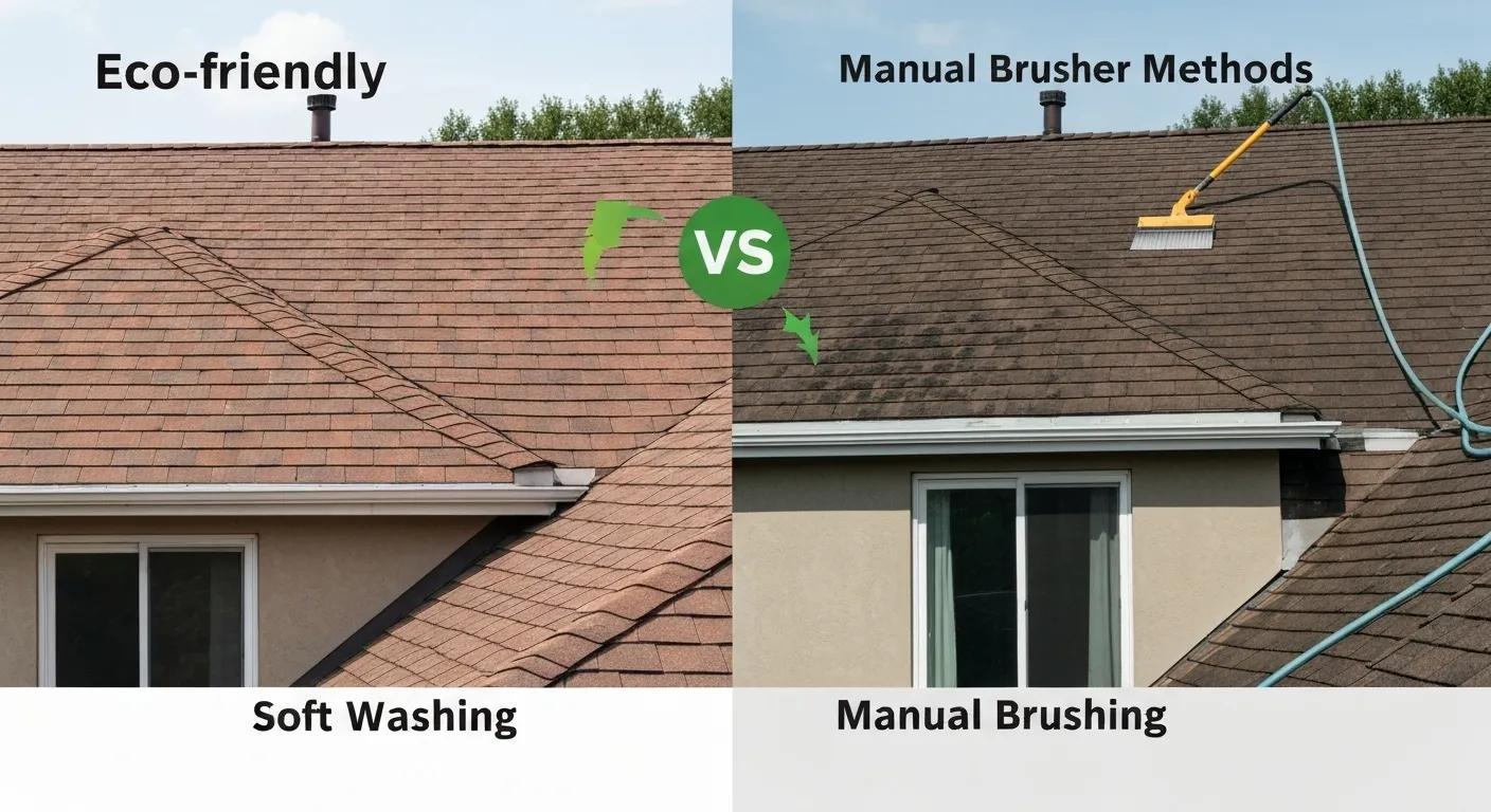 Comparison of eco-friendly roof cleaning methods including soft washing and manual brushing
