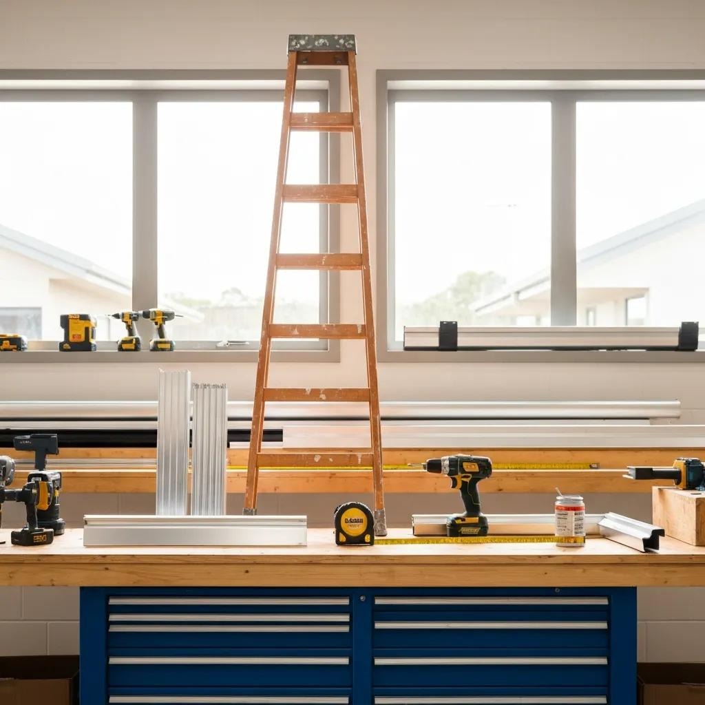 Essential tools and materials for gutter installation, including a ladder, tape measure, and various gutter materials