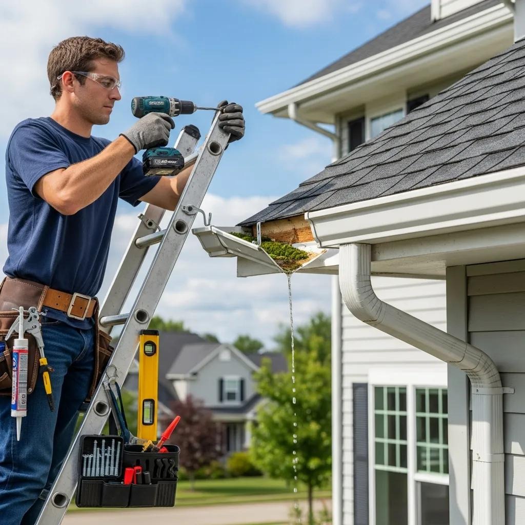 Technician fastening a sagging gutter with tools