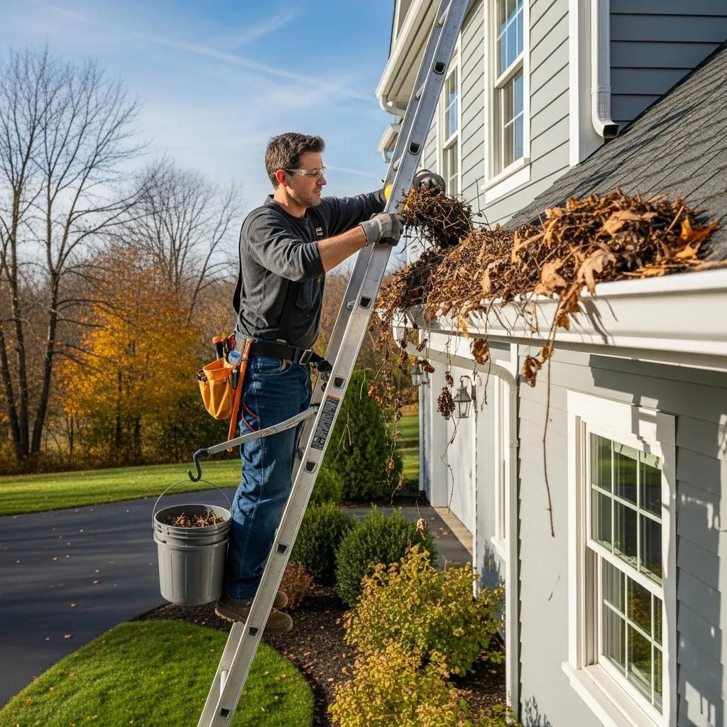 Owner clearing leaves and debris from gutters to prevent sagging