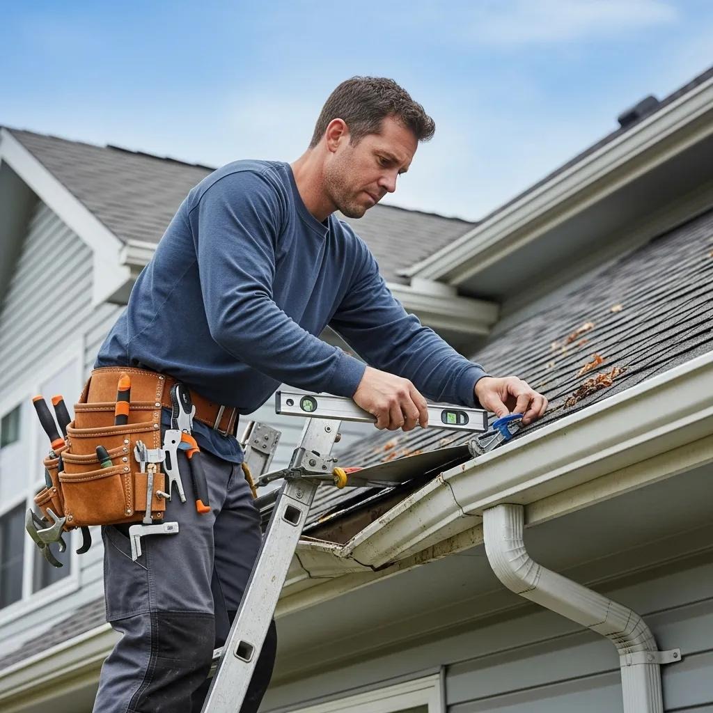 A tradesperson inspecting sagging gutters to recommend repairs