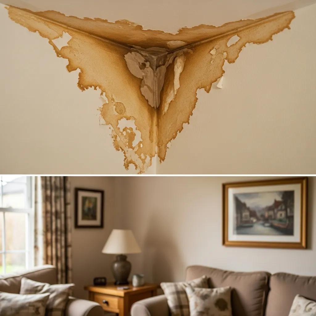 Close-up of water stains on an interior wall and ceiling — common sign of gutter leaks