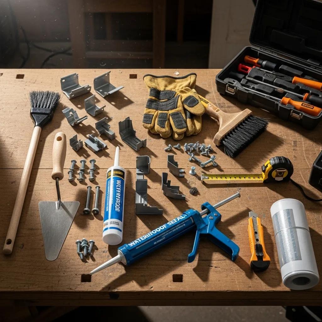 Gutter repair tools — sealant and brackets laid out for a DIY repair