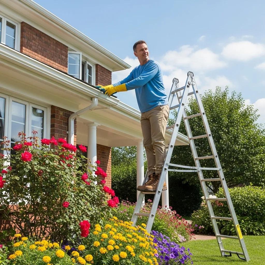 Homeowner inspecting a clean, well-maintained gutter to prevent rust