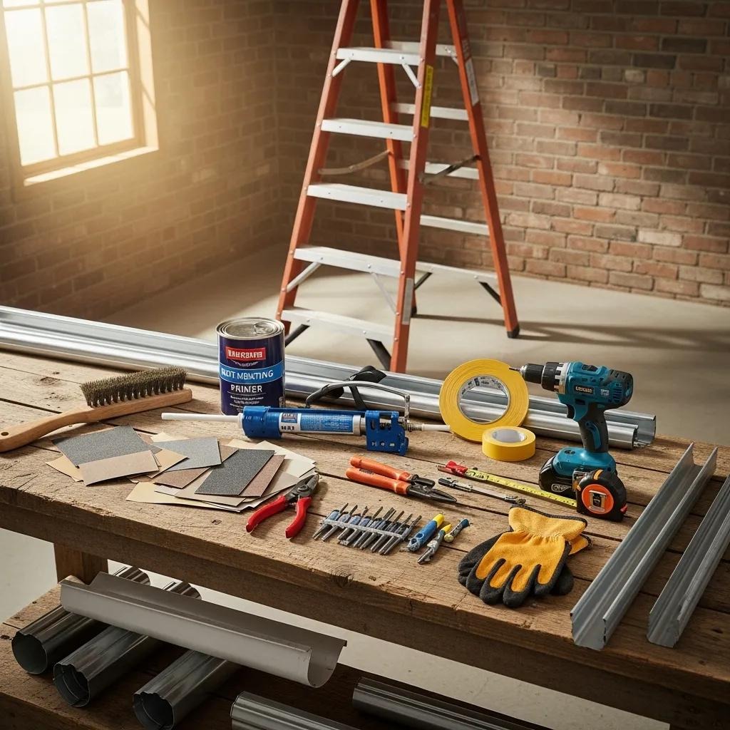Ladder, wire brush, sandpaper and rust-inhibiting products ready for gutter repair
