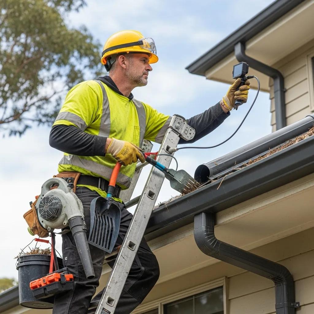 Experienced gutter cleaner evaluating a complex gutter system