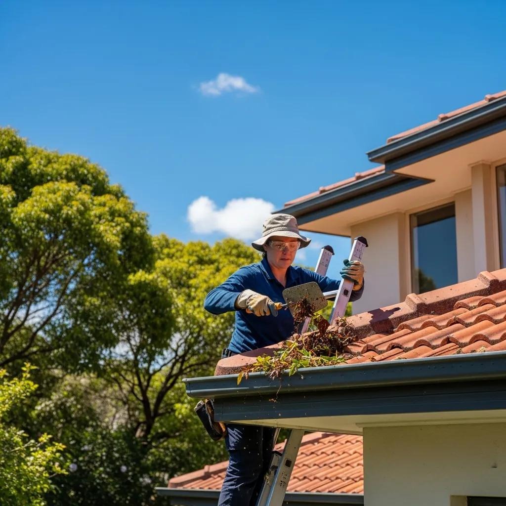 Homeowner cleaning gutters in Adelaide, emphasizing seasonal maintenance importance