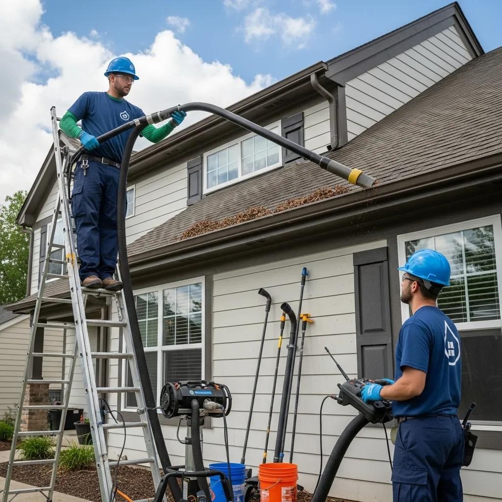 Professional gutter cleaning team servicing a home, highlighting the benefits of hiring experts