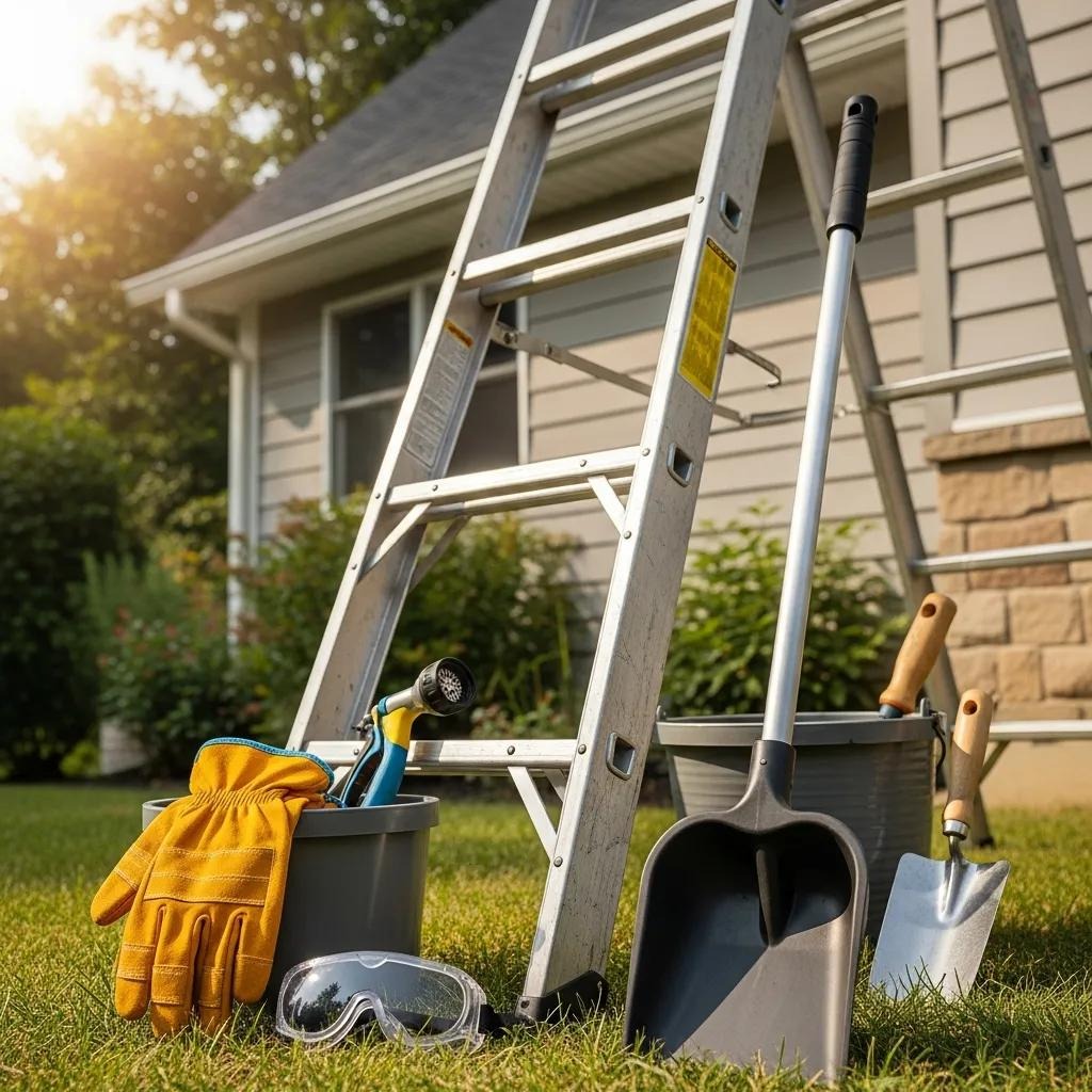 Essential tools and safety equipment for DIY gutter cleaning, including ladder, gloves, and scoop