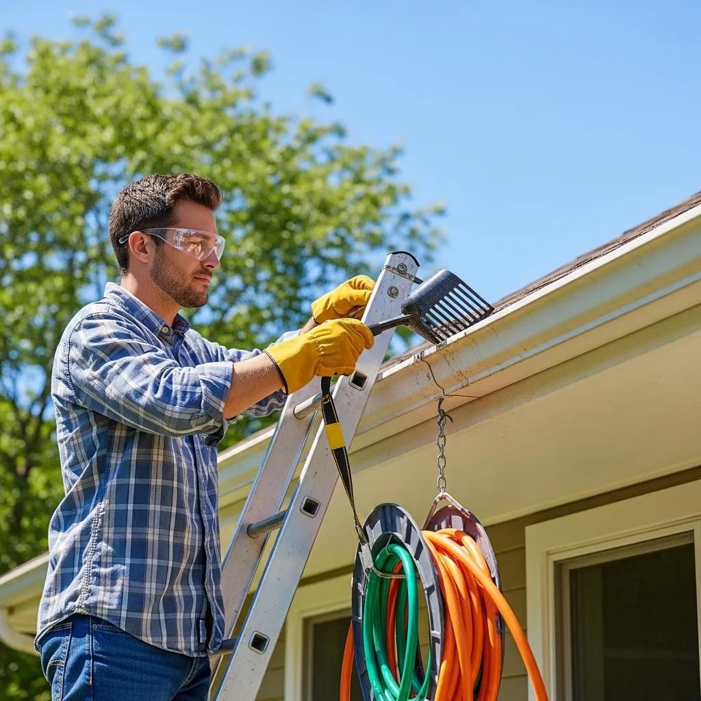 Homeowner cleaning gutters with safety gear, emphasizing the importance of regular maintenance
