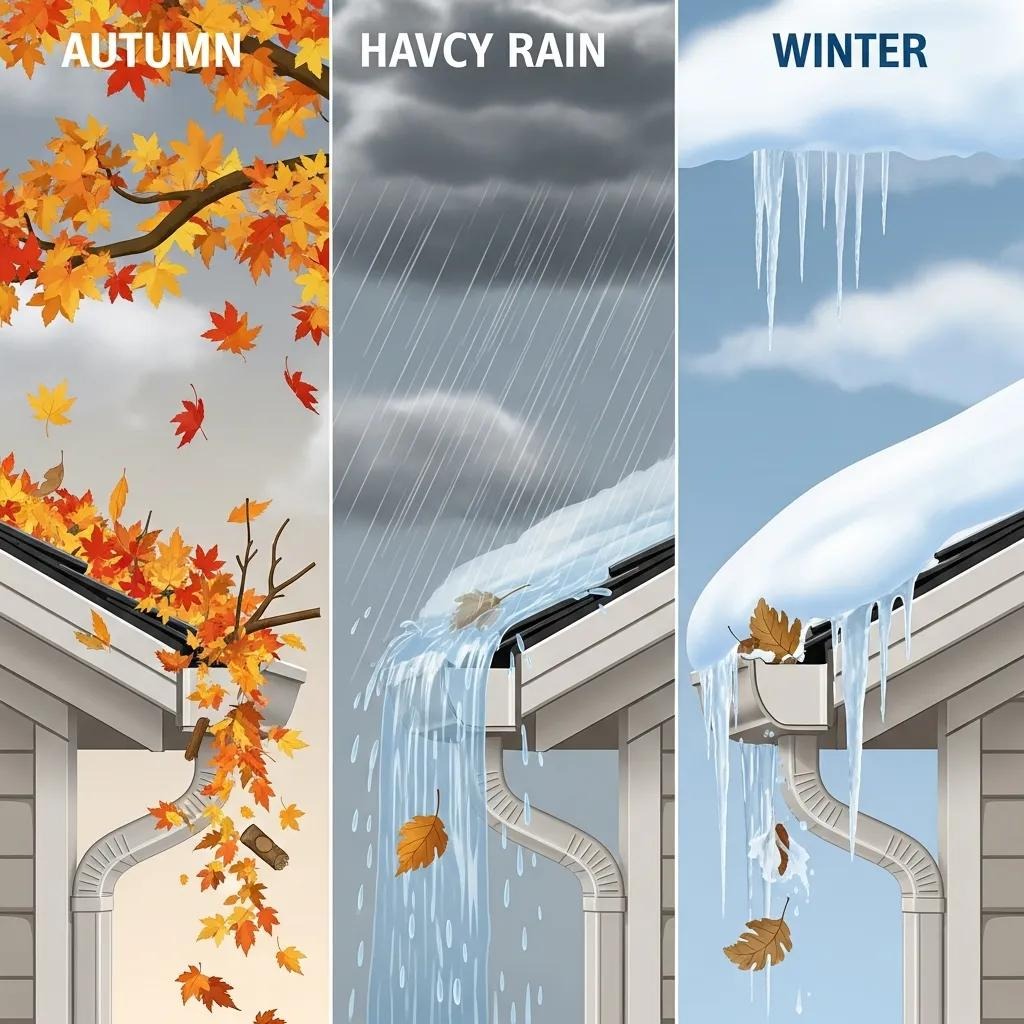 Seasonal weather effects on gutters, showing leaves, rain, and snow impacting cleaning frequency