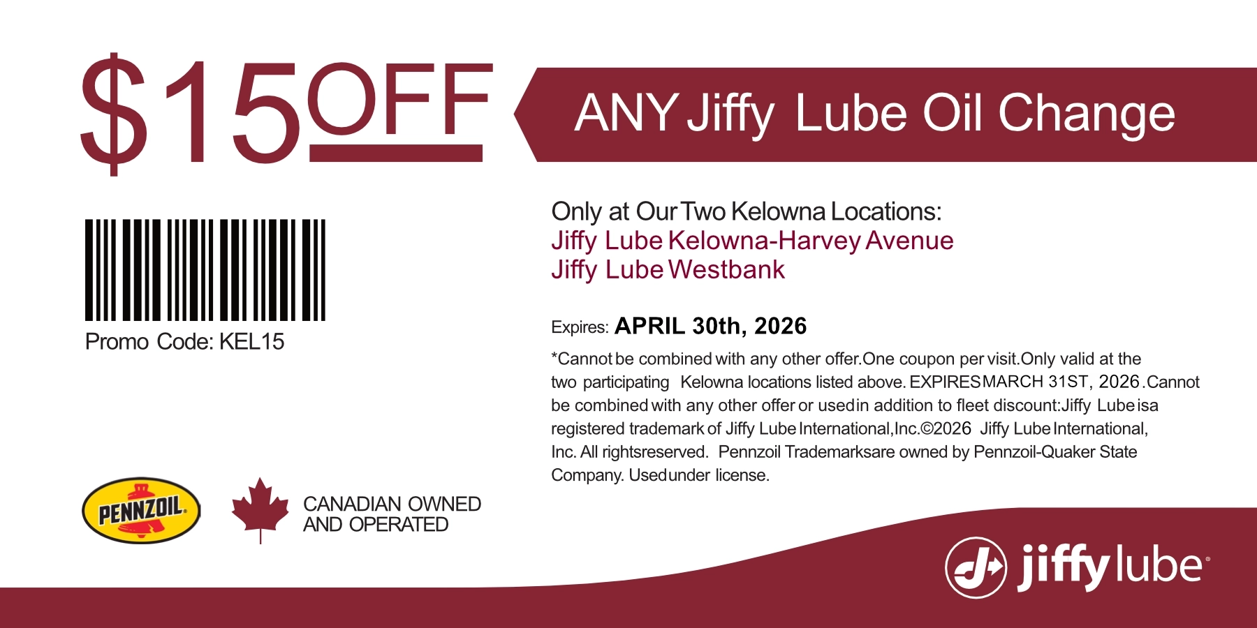 Kelowna Coupon for $15 OFF at Westbank and Kelowna locations