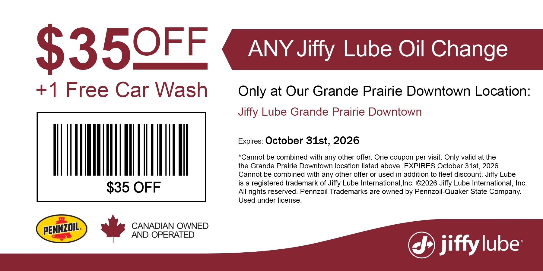 $15 off a Full Synthetic Jiffy Lube oil change valid only at either of our Chilliwack locations.