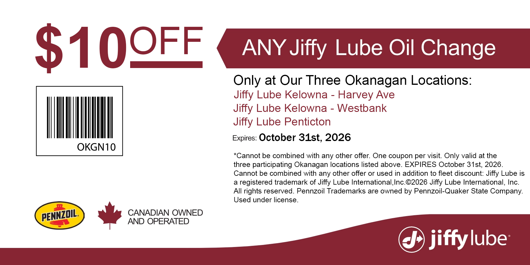 $20 Off coupon for a full synthetic oil change from Jiffy Lube, valid only at the Penticton, Kelowna and Kelowna Westbank locations.  