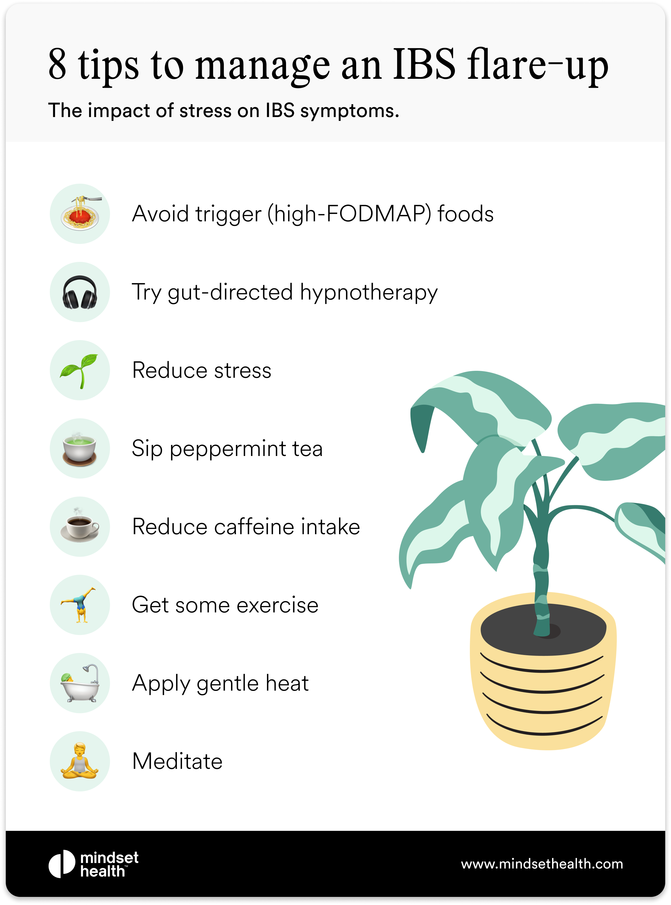 8 tips to manage an IBS flare-up including diet, stress relief, exercise, and gut-directed hypnotherapy