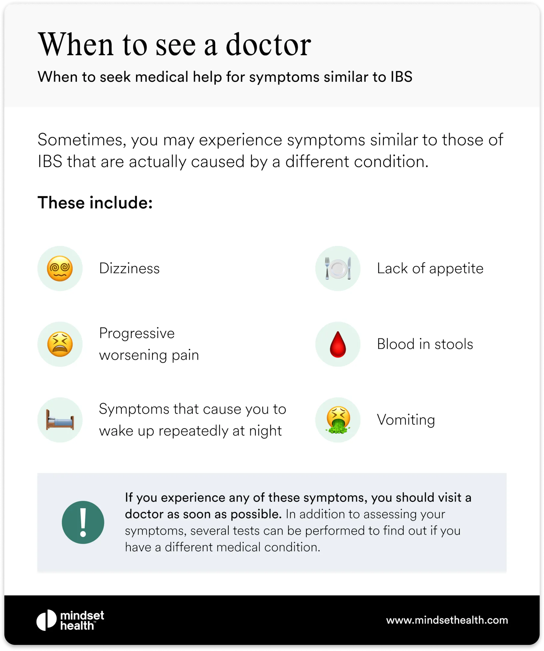 Infographic showing when to see a doctor for IBS symptoms, including dizziness, worsening pain, blood in stool, loss of appetite, and vomiting.