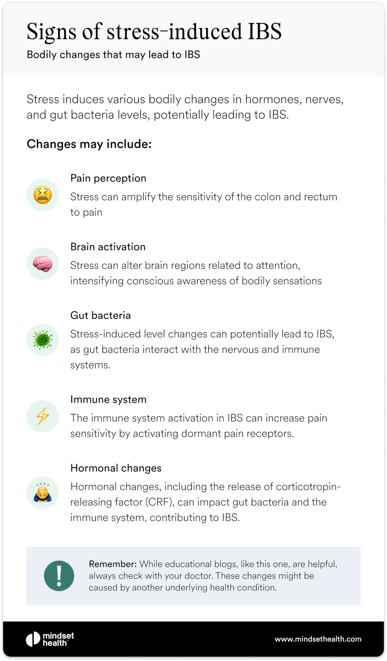 Infographic showing signs of stress-induced IBS, including changes in pain perception, brain activation, gut bacteria, immune response, and hormones, explaining how stress can trigger IBS symptoms.