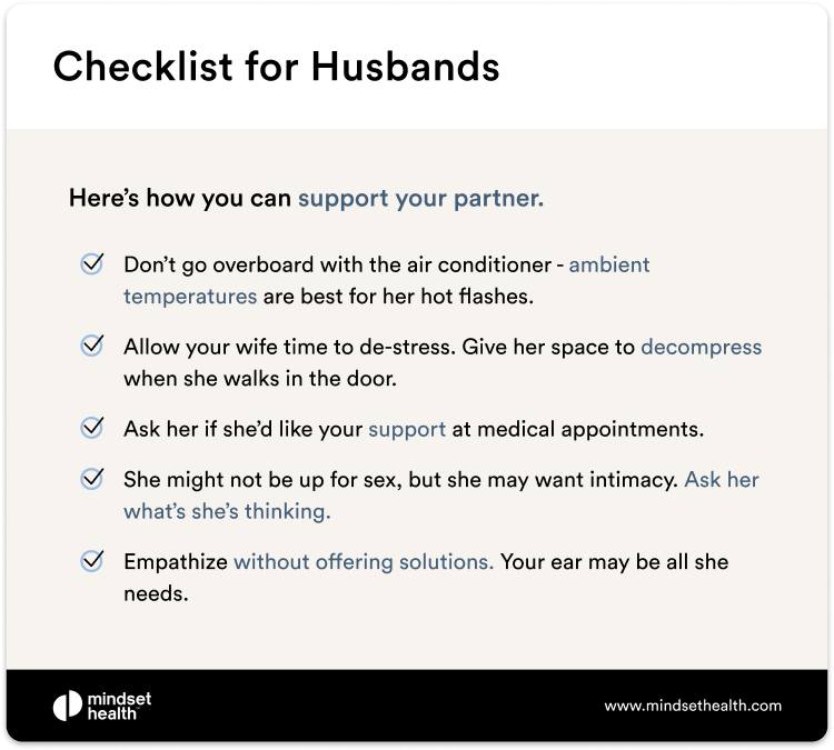 List of tips for husbands on how to support their wives during menopause anger, including patience, empathy, and understanding mood changes