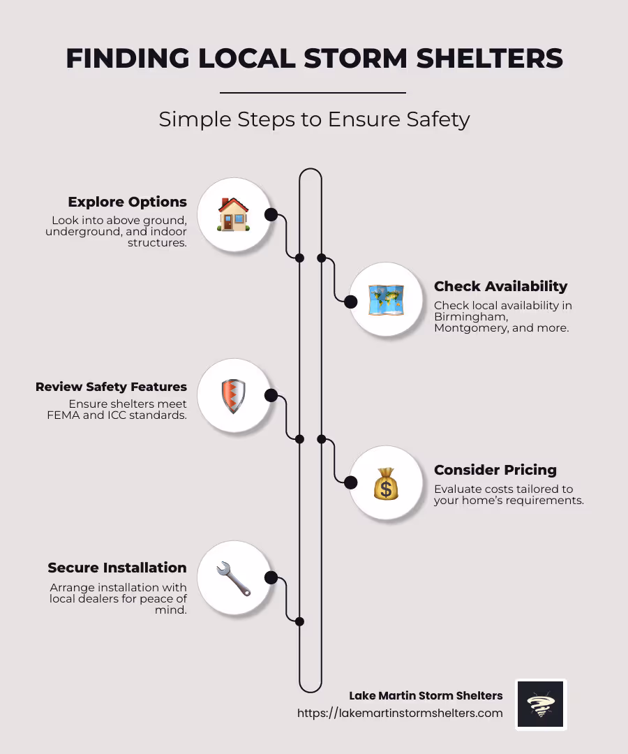 Detailed infographic on local storm shelter options in Alabama, featuring types like underground and above ground, emphasizing installation and pricing, and listing storm-prone areas like Birmingham and Montgomery with shelter icons and a safety checklist - storm shelters for sale near me infographic infographic-line-5-steps-neat_beige