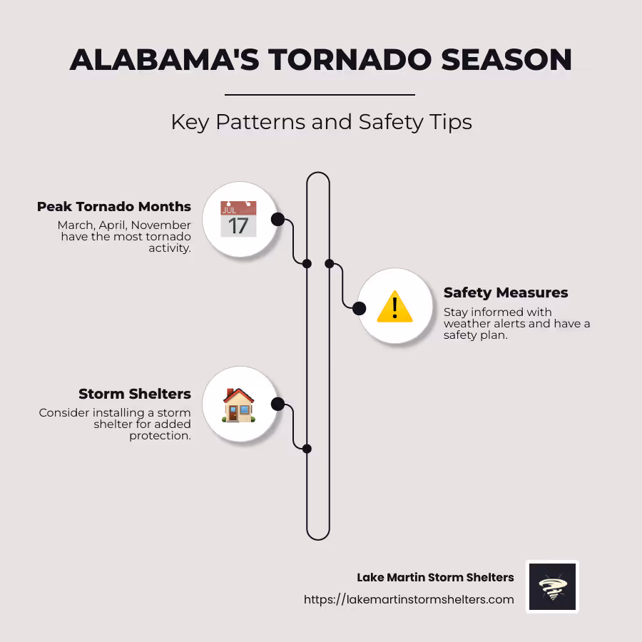 Infographic detailing Alabama's peak tornado months and safety tips - Tornado season Alabama infographic infographic-line-3-steps-neat_beige