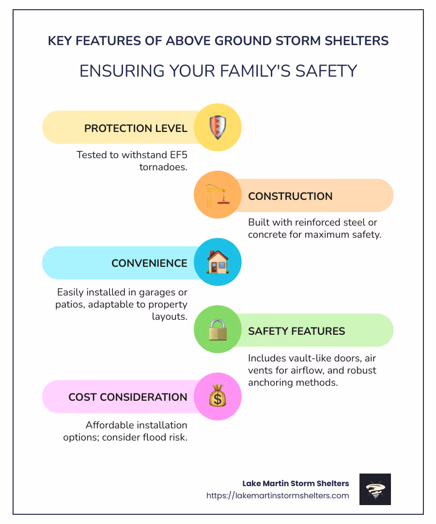 infographic showing key points like Protection Level, Construction, Convenience, Safety Features - above ground storm shelter infographic infographic-line-5-steps-colors