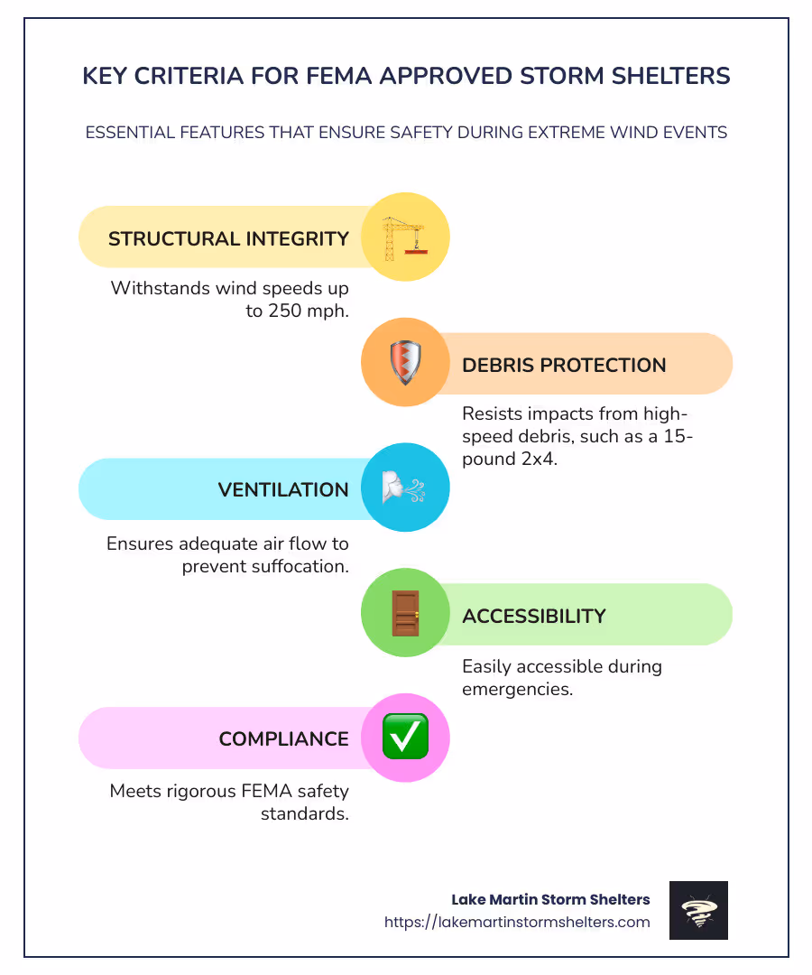 A detailed infographic illustrating FEMA shelter criteria including wind speed protection, debris resistance, and necessary ventilation and accessibility standards - FEMA approved storm shelters infographic infographic-line-5-steps-colors
