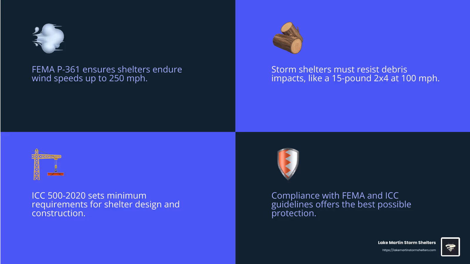 FEMA P-361 and ICC 500-2020 provide essential guidelines for storm shelter safety - FEMA approved storm shelters infographic 4_facts_emoji_blue