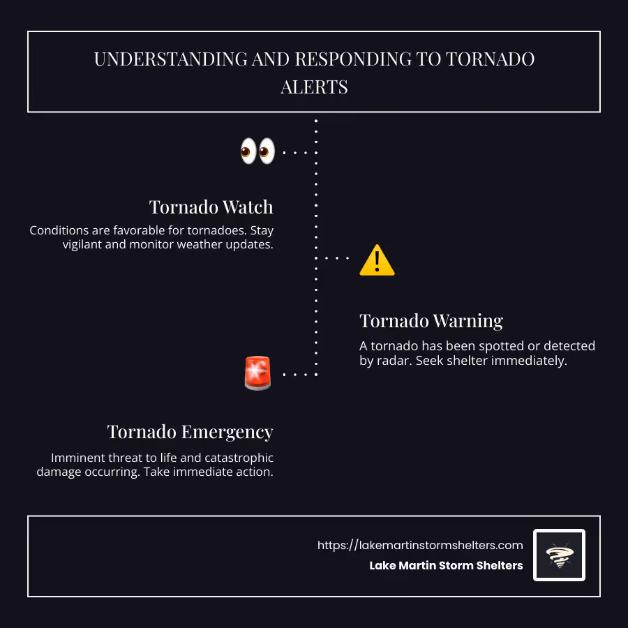 Detailed infographic of Alabama tornado emergency procedures including key alerts and shelter tips - Alabama tornado emergency infographic infographic-line-3-steps-dark