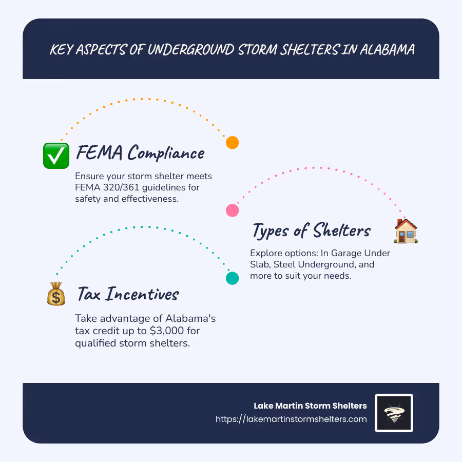 Information about types, compliance, and incentives for underground storm shelters in Alabama - underground storm shelters alabama infographic infographic-line-3-steps-blues-accent_colors