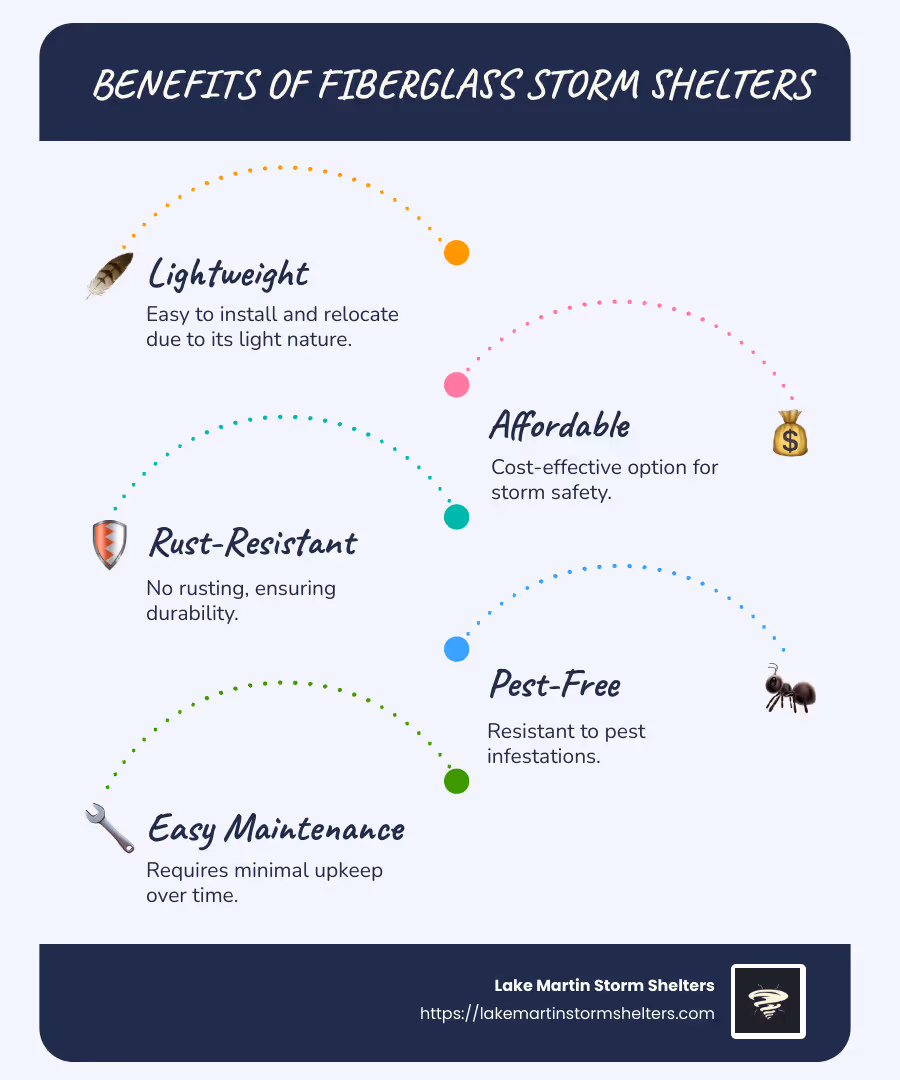 Benefits of Fiberglass Storm Shelters: Lightweight, Affordable, Rust-Resistant, Pest-Free, Easy Maintenance - fiberglass storm shelters infographic infographic-line-5-steps-blues-accent_colors