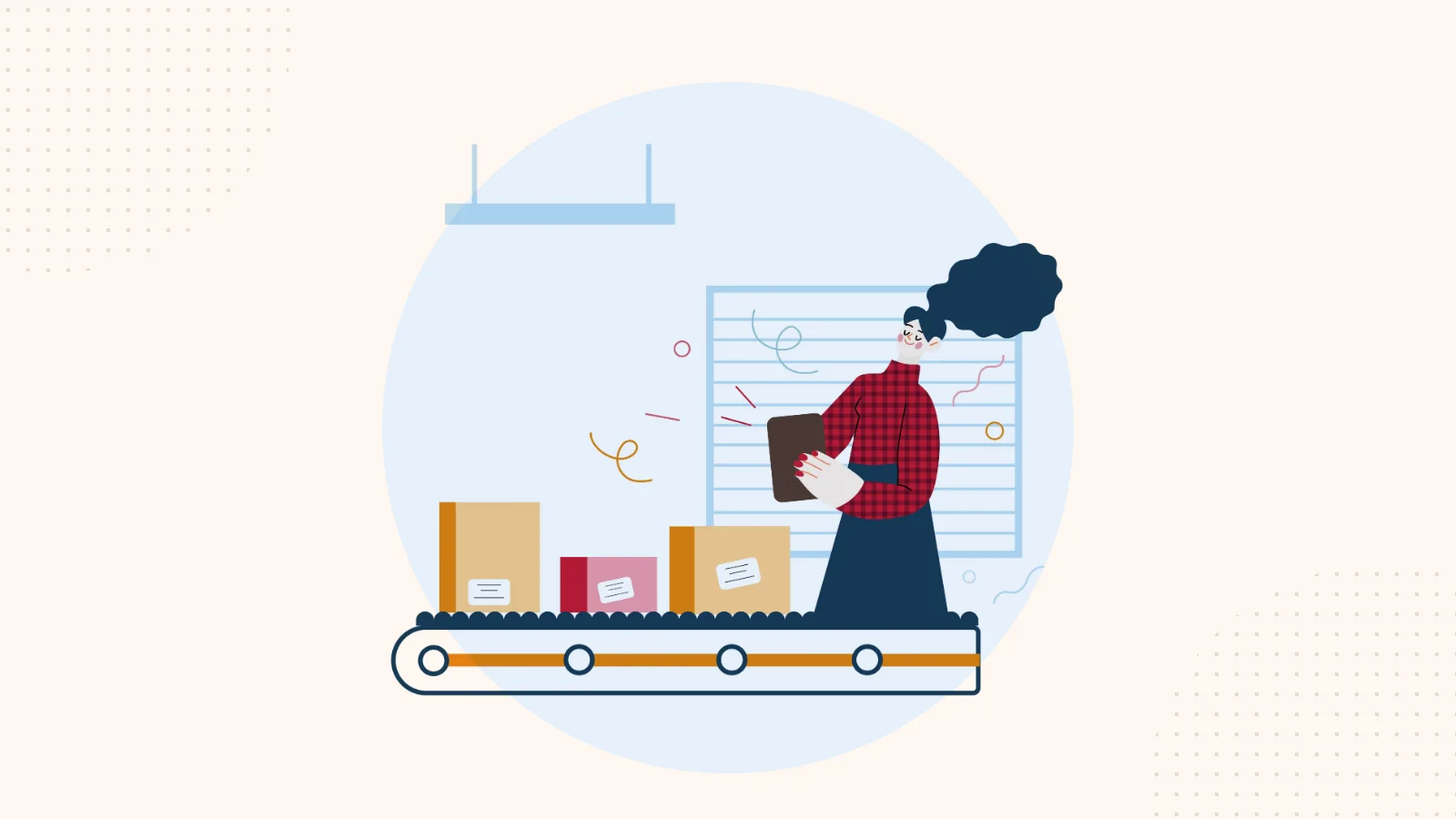 Illustration: Mitarbeiterin prüft Pakete auf einem Förderband im Lager
