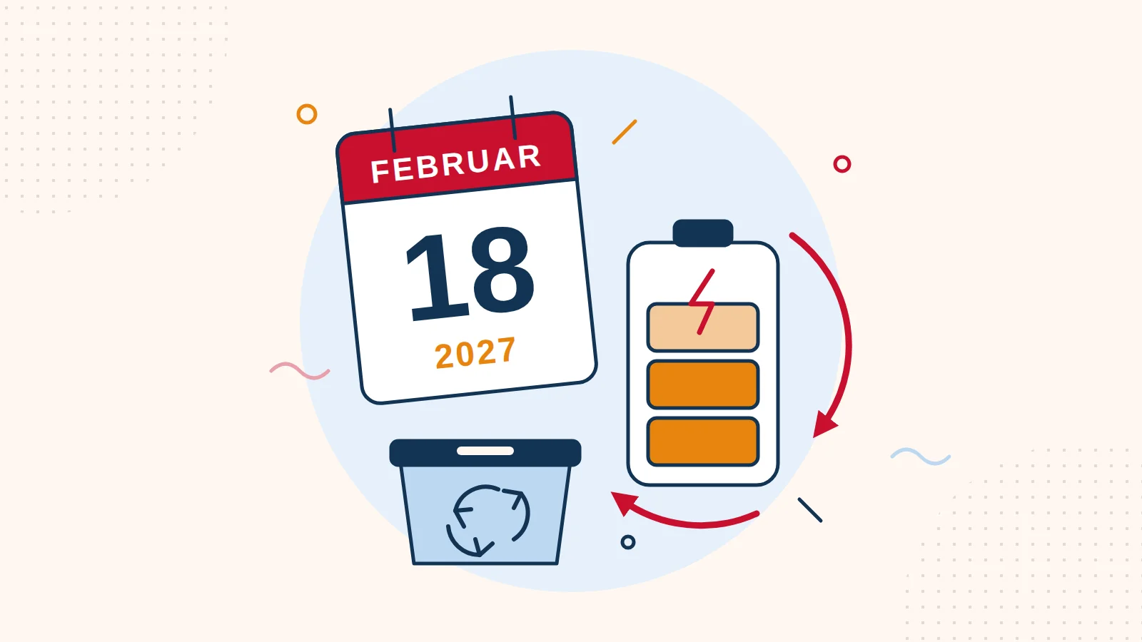 Illustration: Kalenderblatt 18. Februar 2027, Akku mit Tauschpfeilen und Sammelbox für Altgeräte