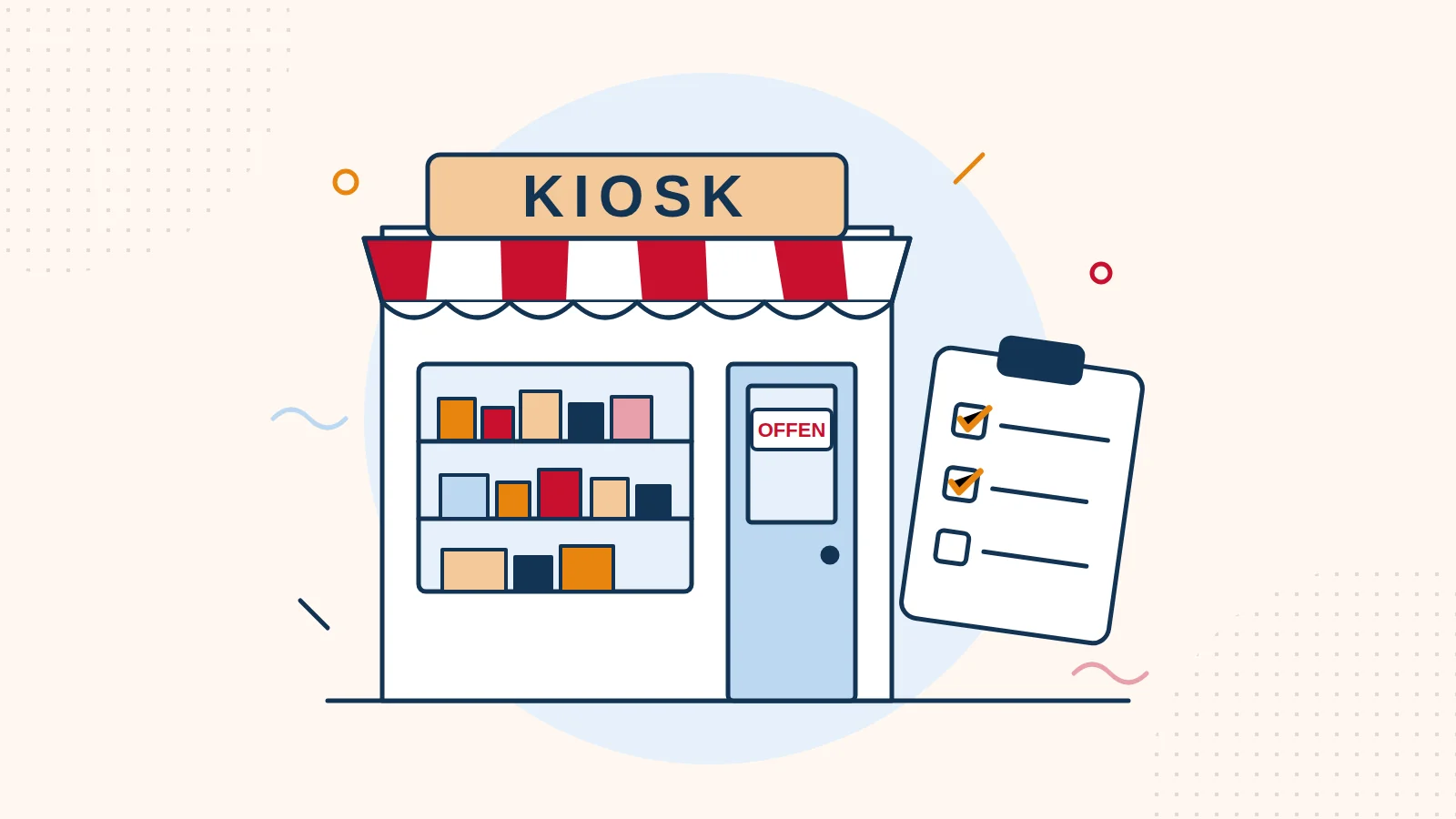 Illustration: Kiosk mit Markise und Warenregal neben einer Checkliste auf einem Klemmbrett