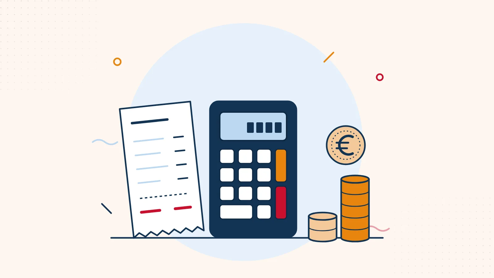 Illustration: Taschenrechner, Kassenbon und Münzstapel als Symbol für die Kosten eines Kiosks