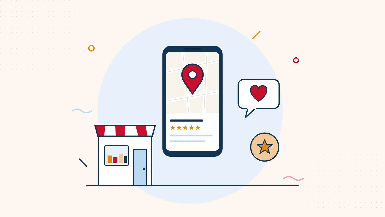 Illustration: Smartphone mit Kartenmarkierung und Sternebewertung neben einem kleinen Kiosk