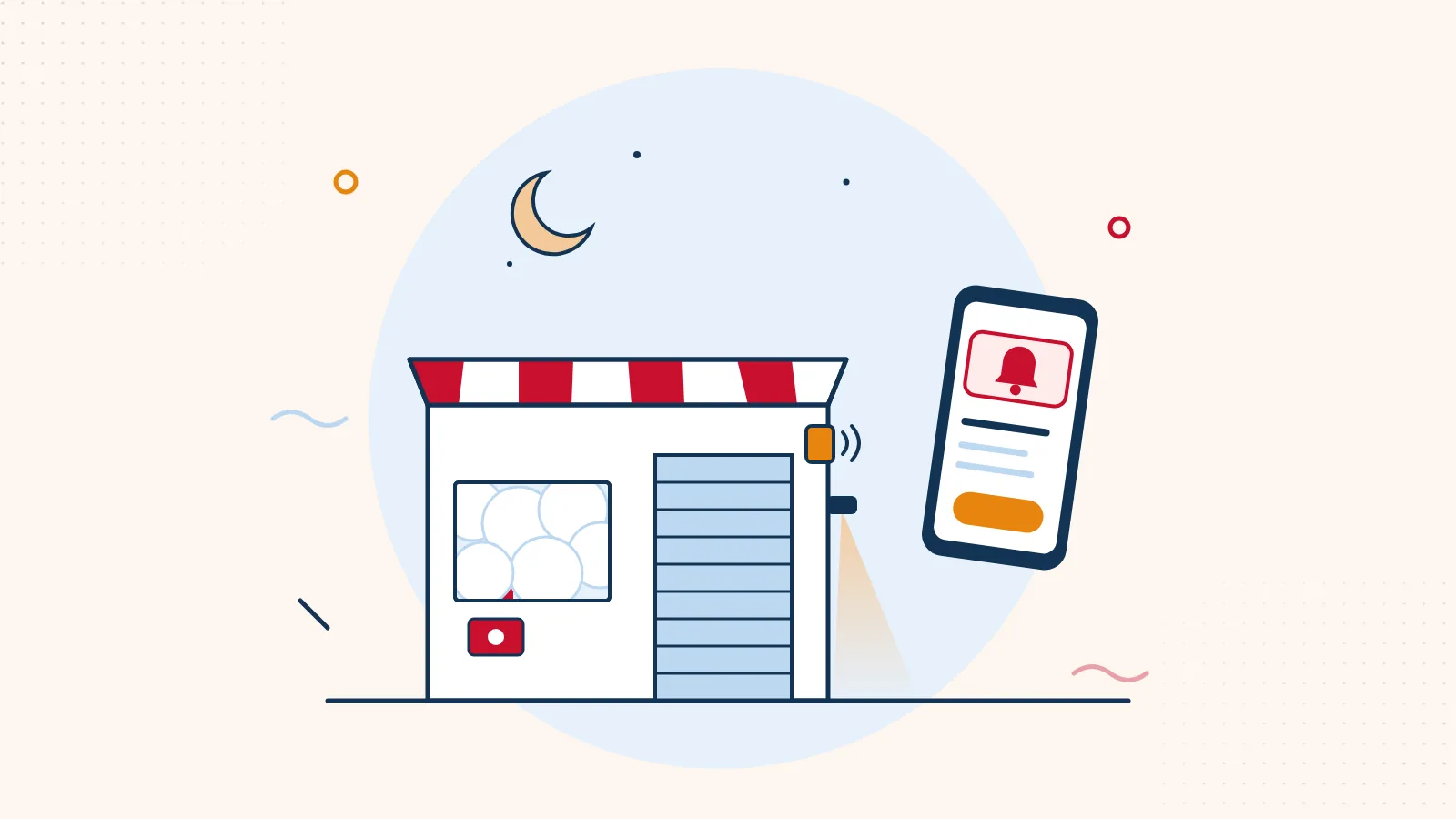 Illustration: Kiosk bei Nacht mit Rolltor, Nebel im Schaufenster, Alarmsirene und Smartphone mit Alarmmeldung