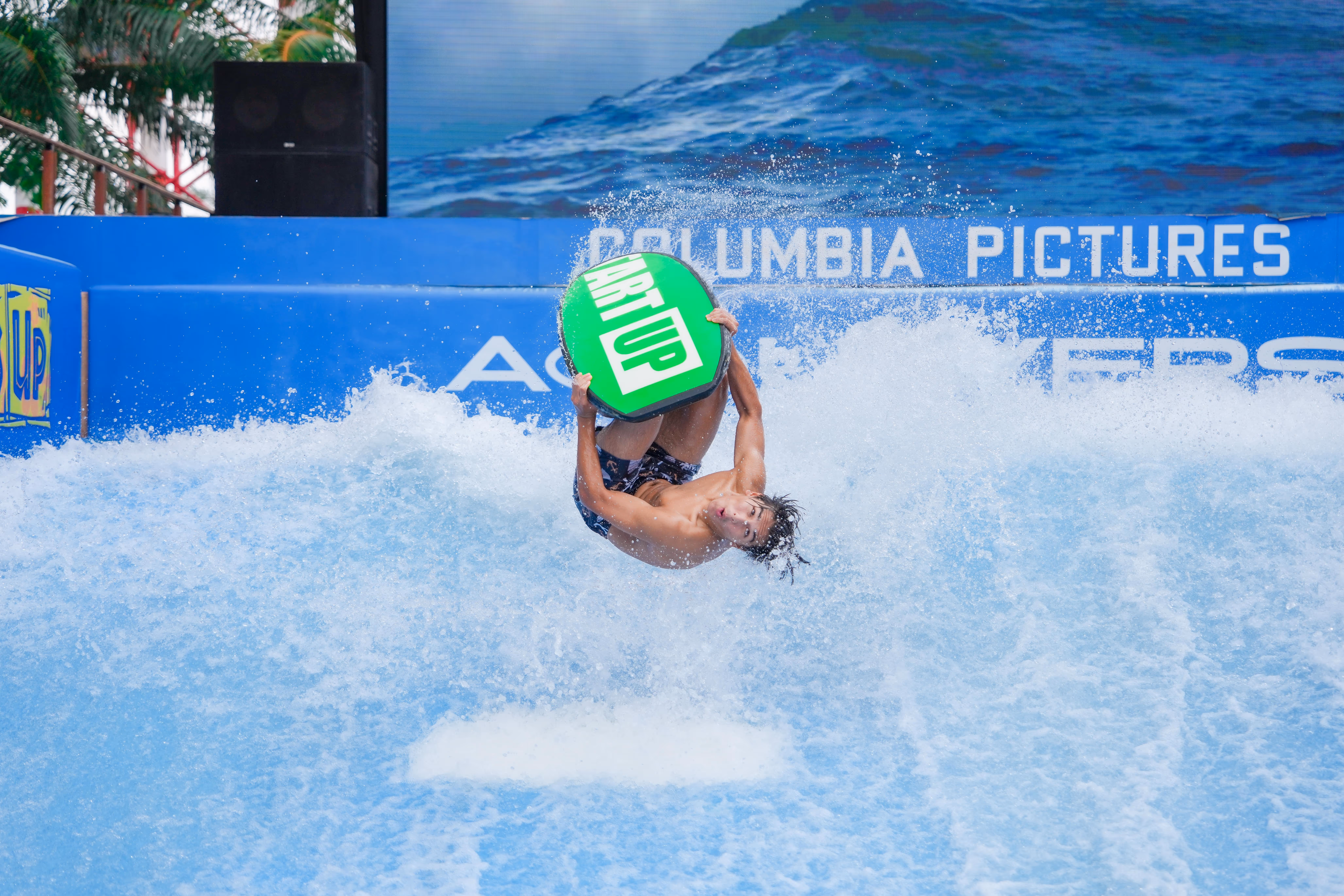Someone surfing at the surfs up zone at columbia pictures aquaverse