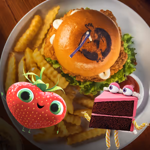 Plate of crinkle-cut fries and a crispy chicken sandwich with a Jumanji logo on the bun, accompanied by animated characters: a smiling strawberry and a cheerful slice of chocolate cake.


