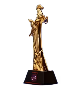 Elegant golden trophy shaped like a stylized human figure, mounted on a black base with a red logo, set against a dark background.

