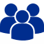Blue icon of three people on a dark gray background, with one larger figure in the foreground and two smaller figures behind on each side, representing a group or community.

