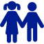 Blue icon of two children holding hands, one with pigtails and the other with short hair, symbolizing kids or family-friendly content, on a dark background.


