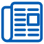 Blue newspaper icon with text lines and a highlighted box, representing news, updates, or articles, on a dark background.

