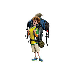 Animated tourist character with curly hair, wearing a yellow and green shirt, cargo shorts, and sneakers, carrying an oversized hiking backpack, smiling cheerfully against a dark background.