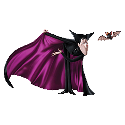 Animated vampire character with a purple cape extended outward, gesturing toward a flying bat on a dark background