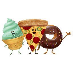 Cartoon-style mint ice cream cone, pepperoni pizza slice, and chocolate donut with sprinkles, each with smiling faces and arms, set against a dark background.